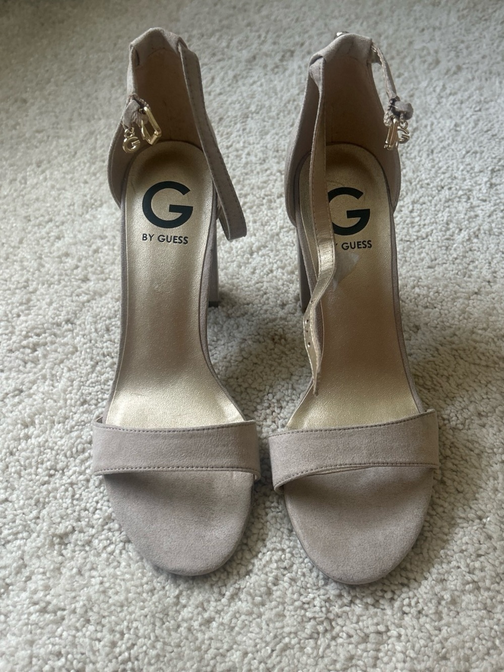 G by Guess Taupe Suede Ankle Strap Block Heels